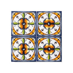 Talavera Patterned 10x10 cm Mexican Style Porcelain Tile Set (ics134) Ikbal Porselen - 4 Pieces
